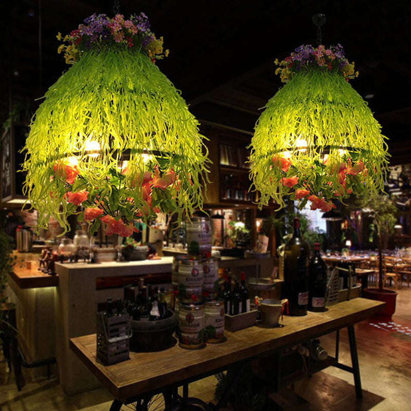 Plant Restaurant Chandelier Lighting Fixture Industrial Metal 4 Bulbs Green LED Drop Lamp
