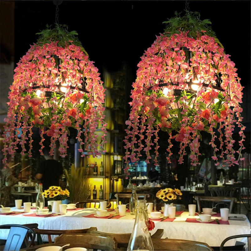Pink Floral Chandelier Pendant Light Industrial Metal 3 Heads Restaurant LED Hanging Lamping