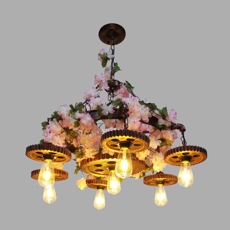 Pink 7 Bulbs Pendant Chandelier Industrial Metal Bare Bulb Ceiling Hang Fixture with Cherry Blossom