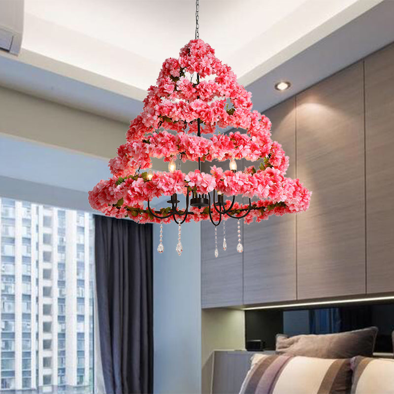 Cherry Blossom Restaurant Chandelier Light Industrial Metal 5 Bulbs Pink Hanging Lamp with Dangling Crystal, 31.5"/43" W