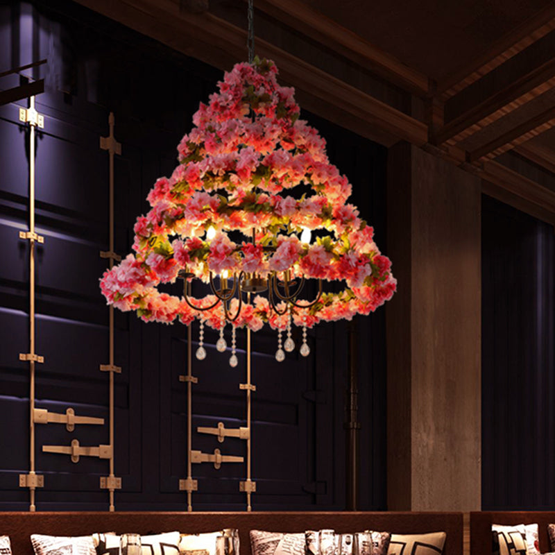 Metal Black Chandelier Lighting Cherry Blossom 6 Lights Retro LED Ceiling Pendant with Crystal Draping