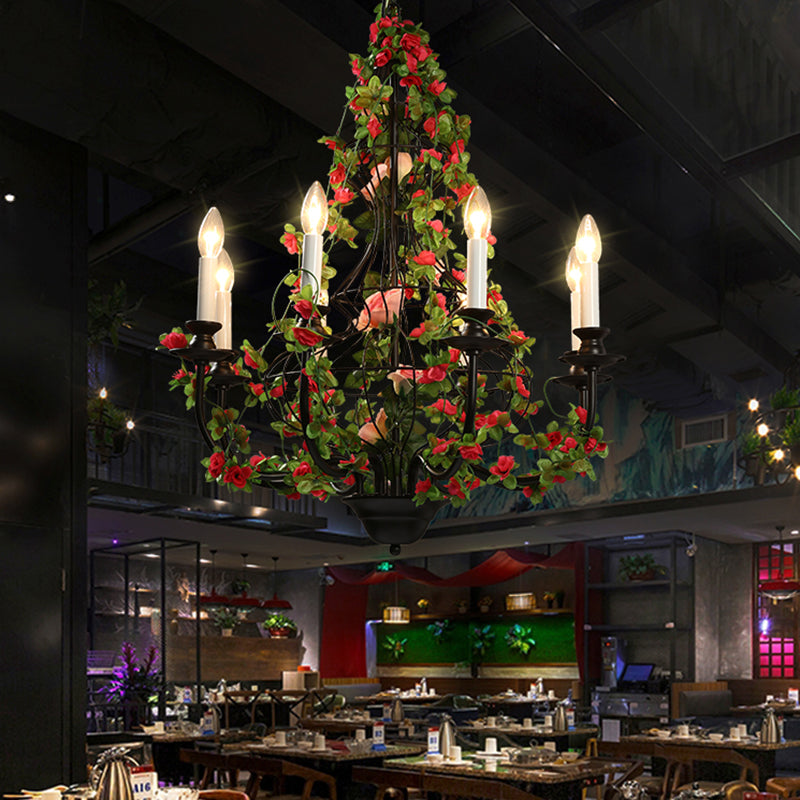 Candlestick Metal Chandelier Light Industrial 8 Heads Restaurant LED Down Lighting in Black with Flower Decor