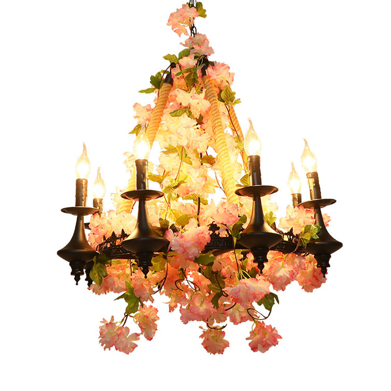Metal Candle Chandelier Light Fixture Antique 6 Heads Restaurant LED Pendant Lamp in Pink with Cherry Blossom