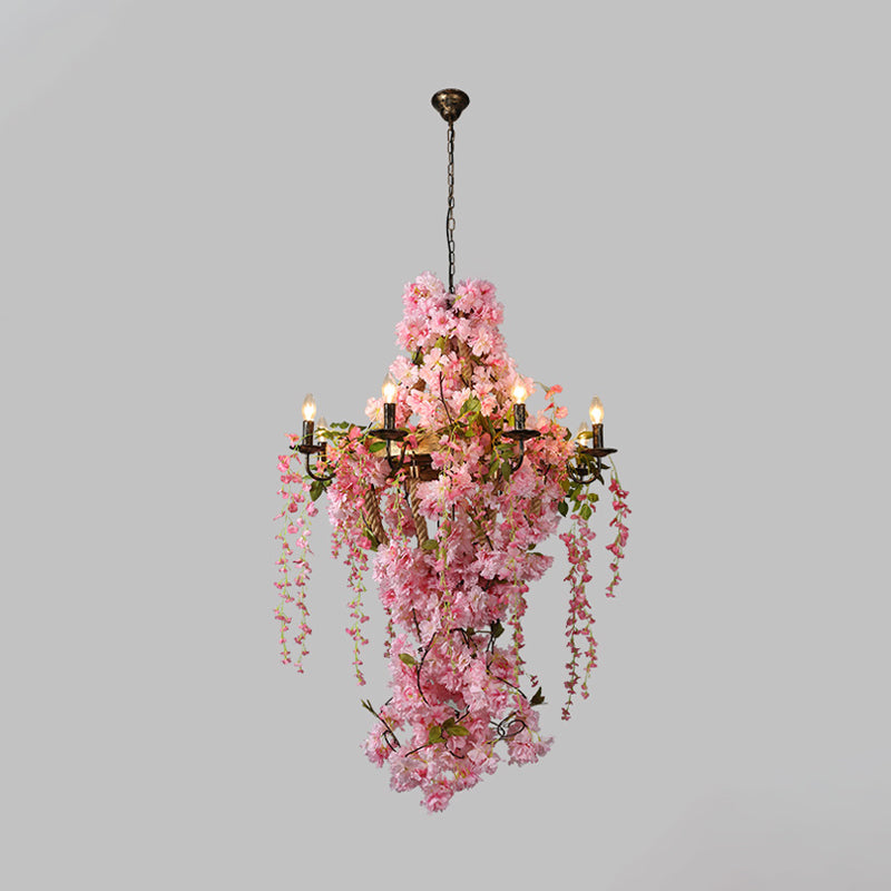 Candlestick Restaurant Chandelier Light Industrial Metal 6/8 Bulbs Pink LED Flower Hanging Lamp