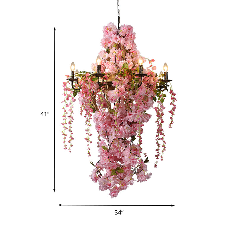 Candlestick Restaurant Chandelier Light Industrial Metal 6/8 Bulbs Pink LED Flower Hanging Lamp