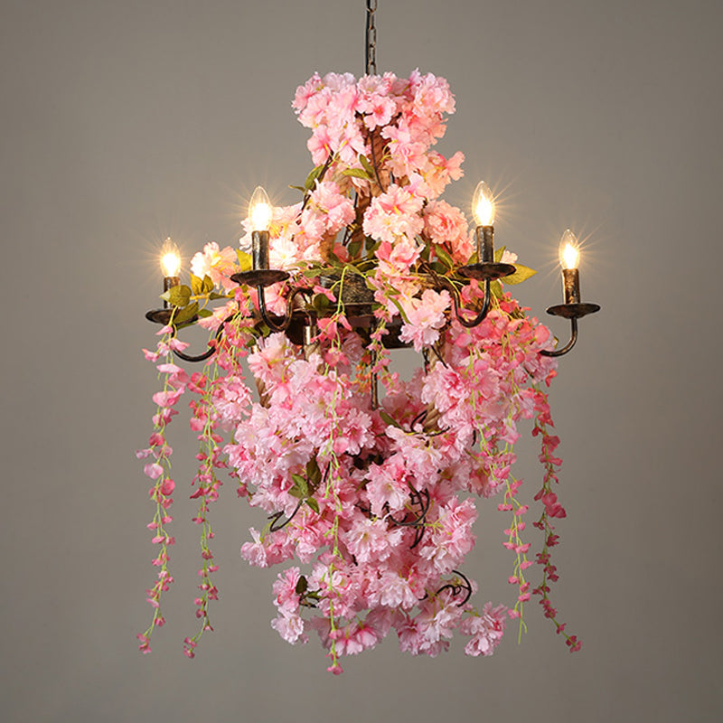 Candlestick Restaurant Chandelier Light Industrial Metal 6/8 Bulbs Pink LED Flower Hanging Lamp