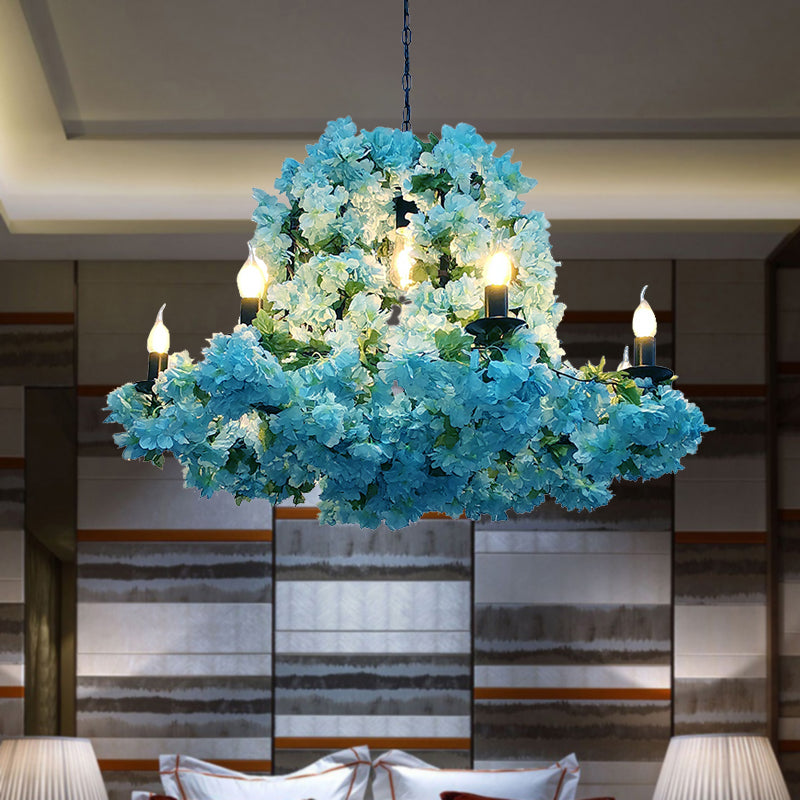 Industrial Candle Chandelier Light Fixture 6/8 Bulbs Metal LED Suspension Lighting in Blue with Cherry Blossom