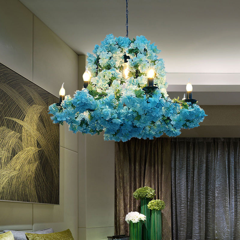 Industrial Candle Chandelier Light Fixture 6/8 Bulbs Metal LED Suspension Lighting in Blue with Cherry Blossom