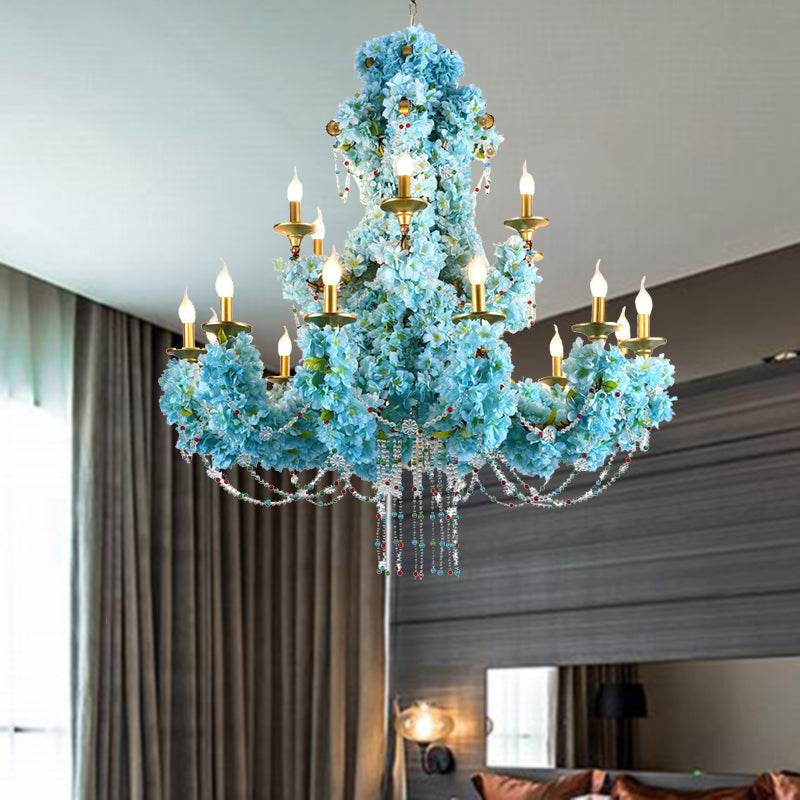 Lámpara de araña LED de candelabra azul de metal vintage 12 luces lámpara de caída de flores de restaurante con acento de cristal