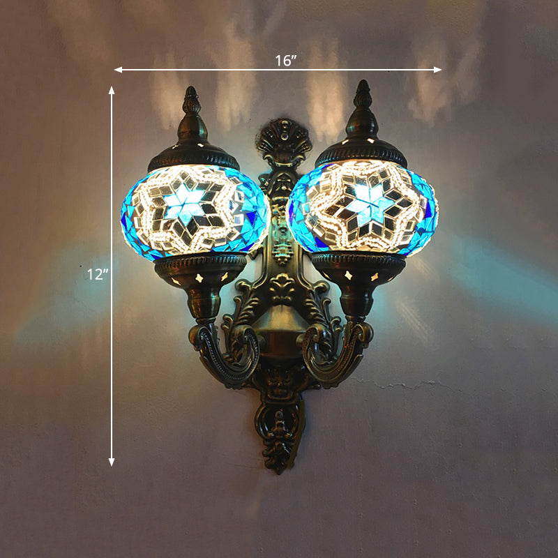 Traditionelle Kugelwandhalterung Licht 2 Köpfe Buntglas Wandleuchte in Weiß/Gelb/Himmelblau