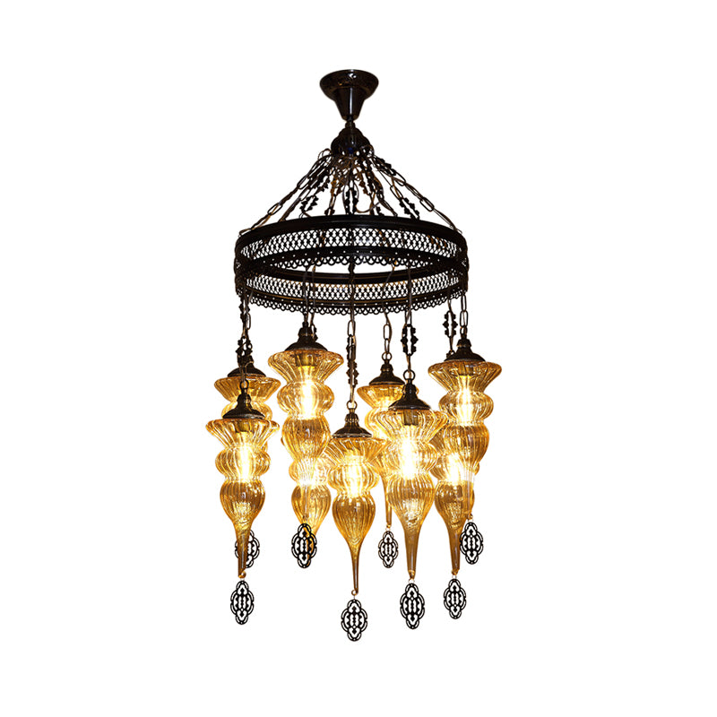 9 Bulbs Pendant Chandelier Traditional Coffee Shop Suspension Lighting Fixture with Jar Tan Ribbing Glass Shade