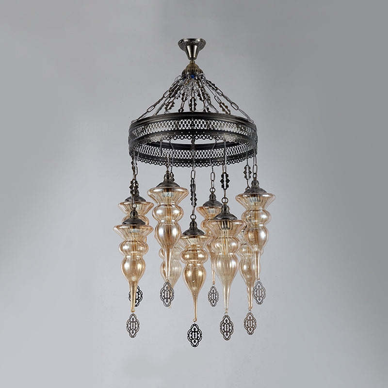 9 Bulbs Pendant Chandelier Traditional Coffee Shop Suspension Lighting Fixture with Jar Tan Ribbing Glass Shade