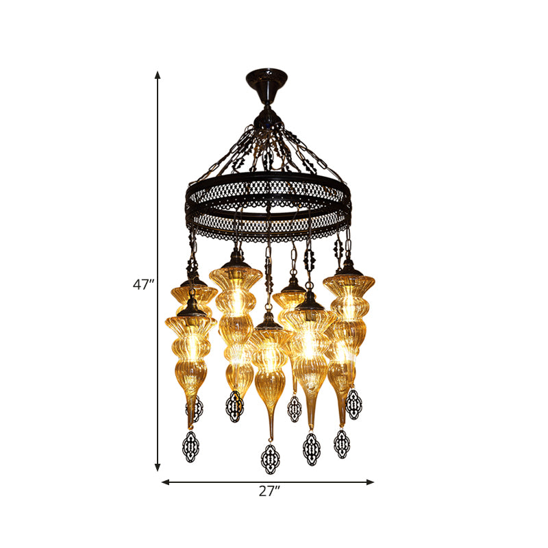 9 Bulbs Pendant Chandelier Traditional Coffee Shop Suspension Lighting Fixture with Jar Tan Ribbing Glass Shade