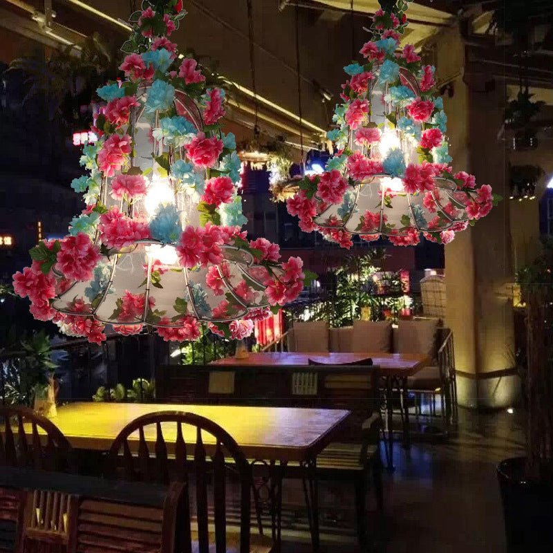 Pink Cherry Blossom Pendant Chandelier Retro Metal 3 Bulbs LED Restaurant Suspension Light