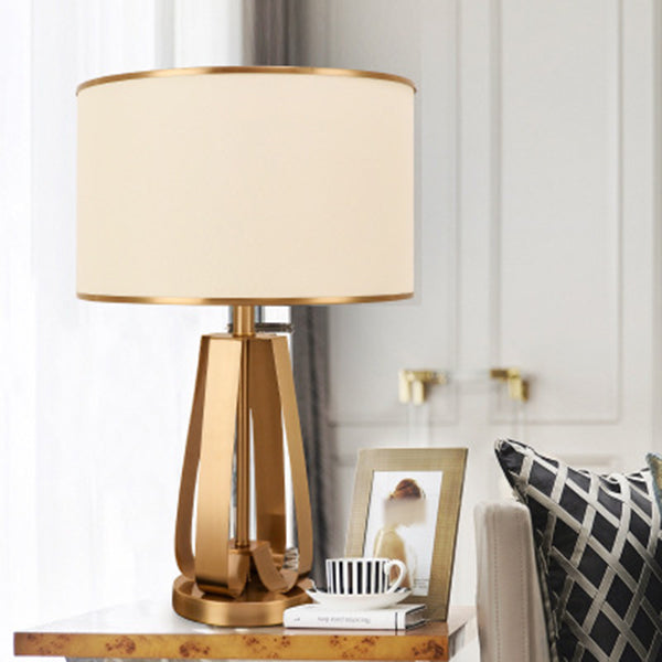 Goldene trommelförmige Tischlampe zeitgenössischer Metallnächte und Lampe für Schlafzimmer