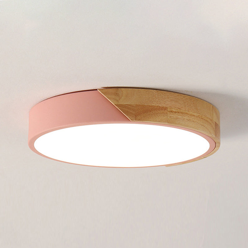 Plafonnier à 1 lumière en bois clair de forme ronde Macaron de style moderne pour le salon
