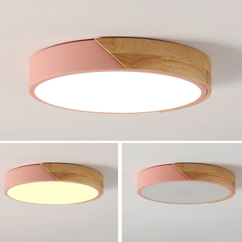 Plafonnier à 1 lumière en bois clair de forme ronde Macaron de style moderne pour le salon