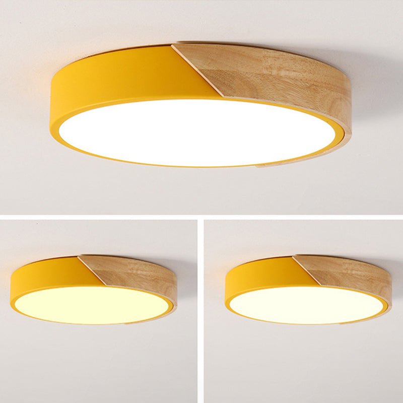 Plafonnier à 1 lumière en bois clair de forme ronde Macaron de style moderne pour le salon