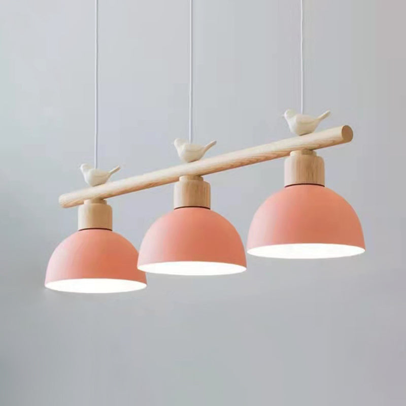 3 Lights Island Pendant Macaron Bowl Metal Pendant with Wood Electric Light Socket