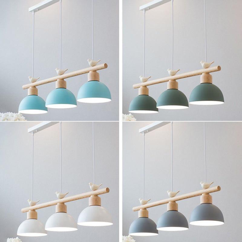 3 Lights Island Pendant Macaron Bowl Metal Pendant with Wood Electric Light Socket