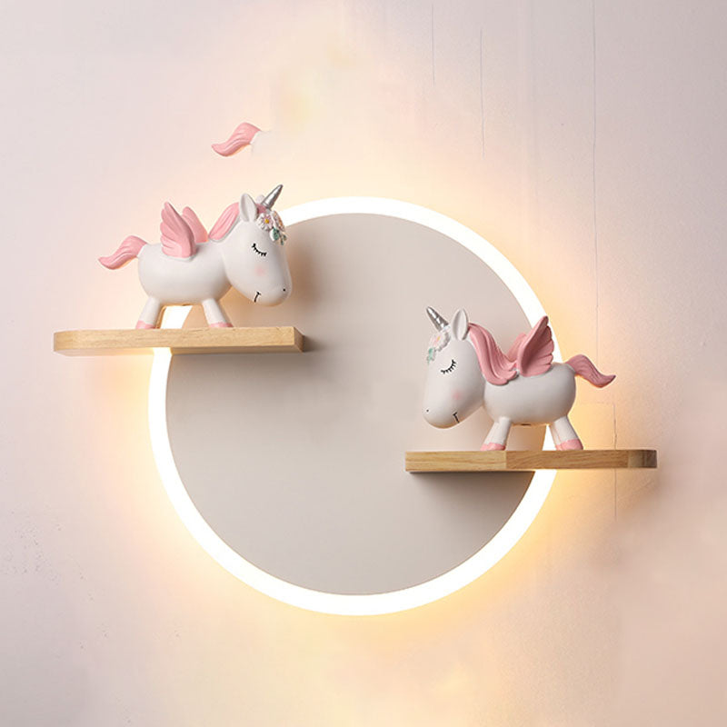 LED Circle Wall Sconce Nordic Wooden Kids Bedroom Wall Light with Shelf and Figurine