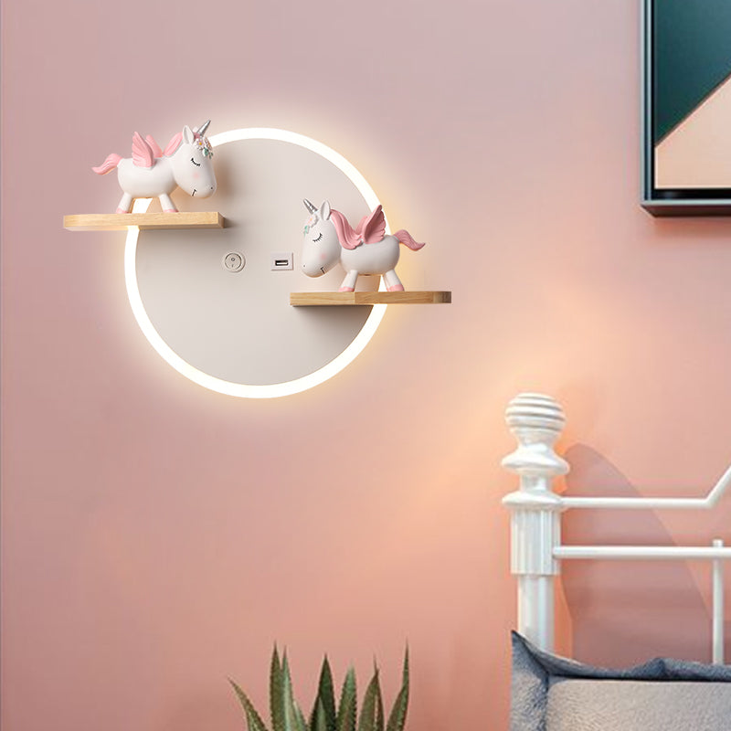 LED Circle Wall Sconce Nordic Wooden Kids Bedroom Wall Light with Shelf and Figurine