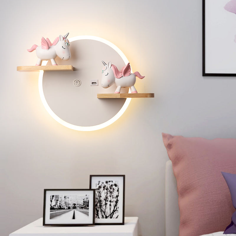 LED Circle Wall Sconce Nordic Wooden Kids Bedroom Wall Light with Shelf and Figurine