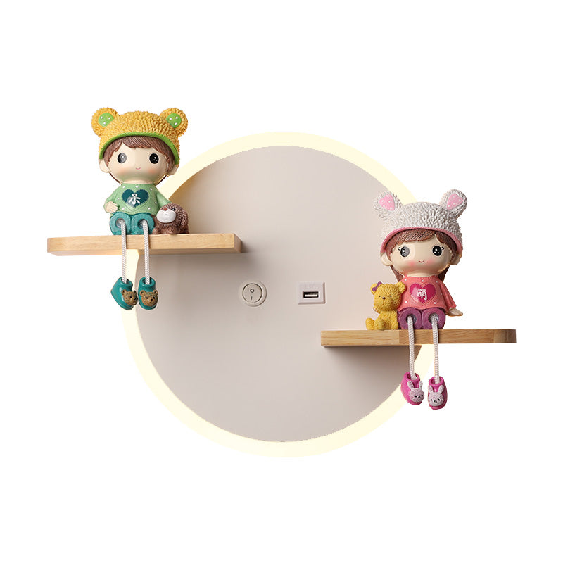 LED Circle Wall Sconce Nordic Wooden Kids Bedroom Wall Light with Shelf and Figurine