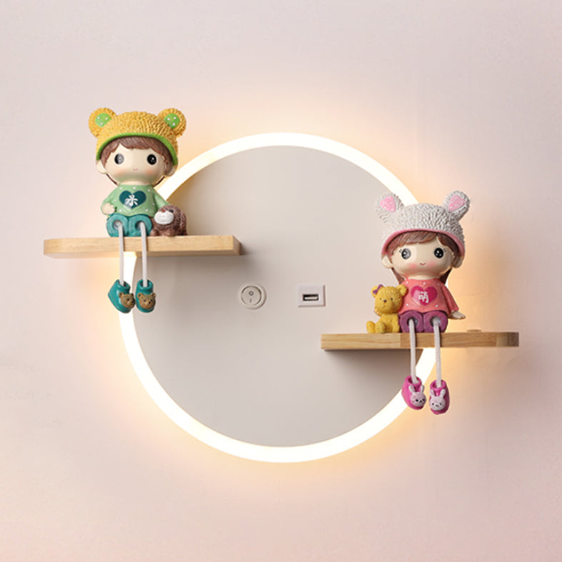 LED Circle Wall Sconce Nordic Wooden Kids Bedroom Wall Light with Shelf and Figurine