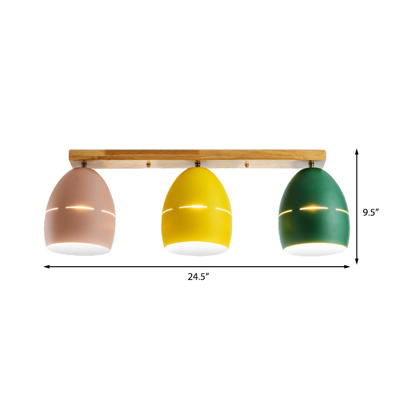 3 Lumières Linear Semi-Flushmount Light avec Oval Metal Shade Nordic Semi-Flush Ceiling Light in Wood Finish