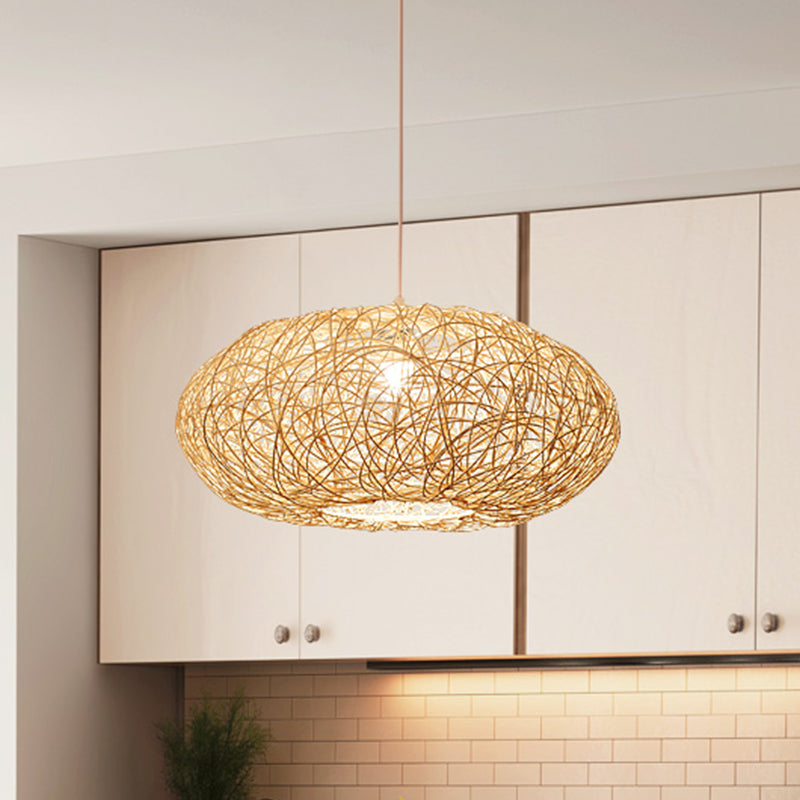 Chinese 1 Bulb Hanging Light Beige Lantern Pendant Lighting Fixture with Bamboo Shade