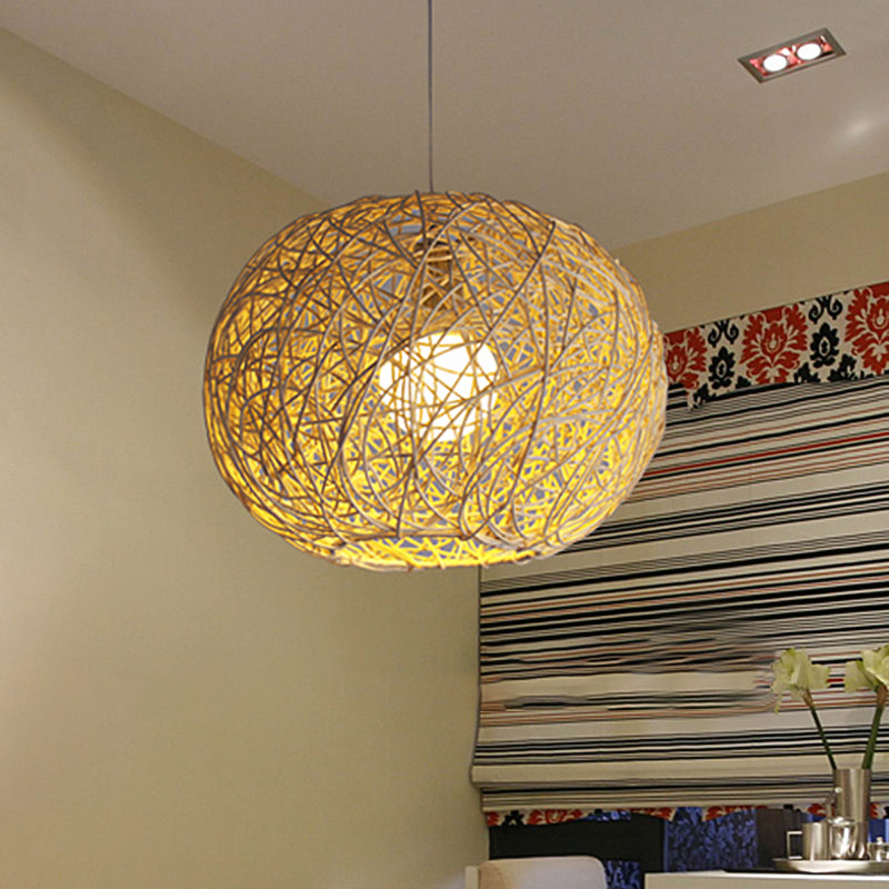 Spherical Pendant Lighting Asian Bamboo 1 Head Beige Ceiling Suspension Lamp, 8"/12"/14" Wide