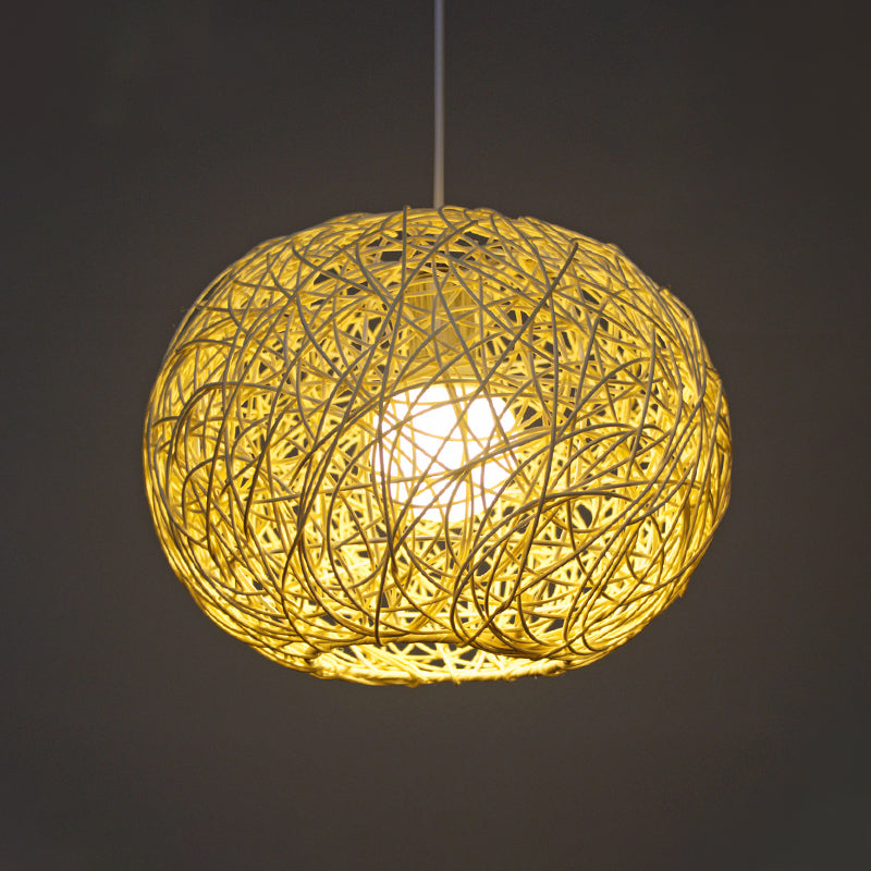 Spherical Pendant Lighting Asian Bamboo 1 Head Beige Ceiling Suspension Lamp, 8"/12"/14" Wide