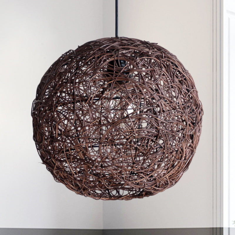 Coffee Globe Hanging Light Asian 1 Bulb Rattan Pendant Lighting Fixture for Bedroom
