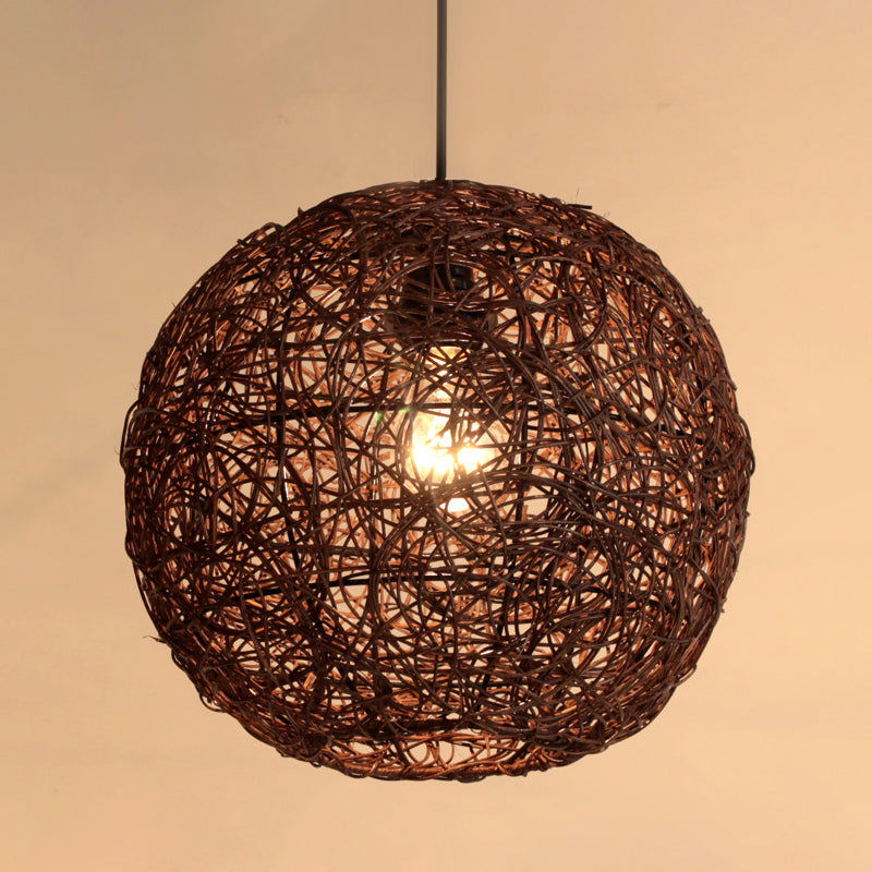 Coffee Globe Hanging Light Asian 1 Bulb Rattan Pendant Lighting Fixture for Bedroom