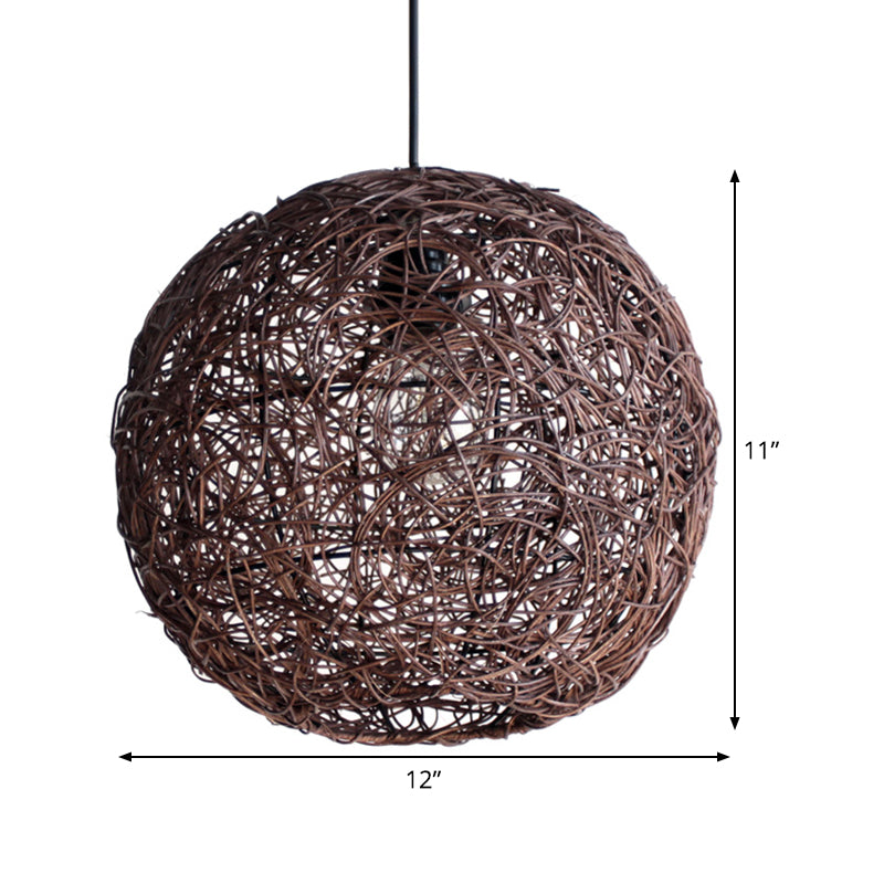 Coffee Globe Hanging Light Asian 1 Bulb Rattan Pendant Lighting Fixture for Bedroom