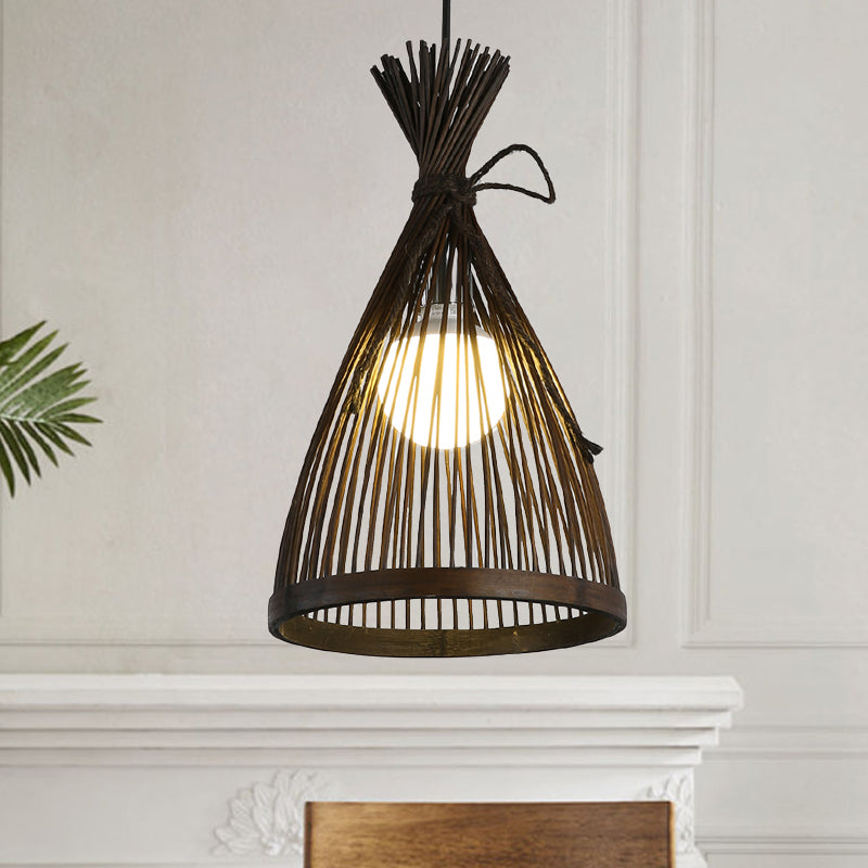Flared Ceiling Light Asian Bamboo 8.5"/12" Wide 1 Bulb Dark Coffee Pendant Lighting Fixture