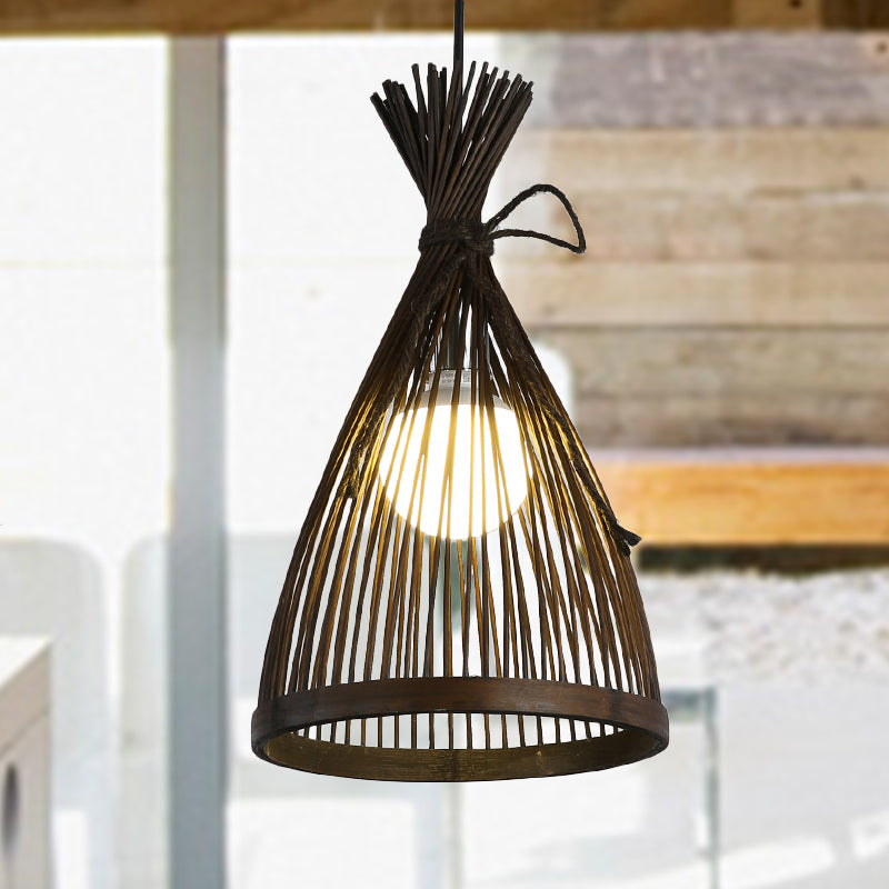 Flared Ceiling Light Asian Bamboo 8.5"/12" Wide 1 Bulb Dark Coffee Pendant Lighting Fixture