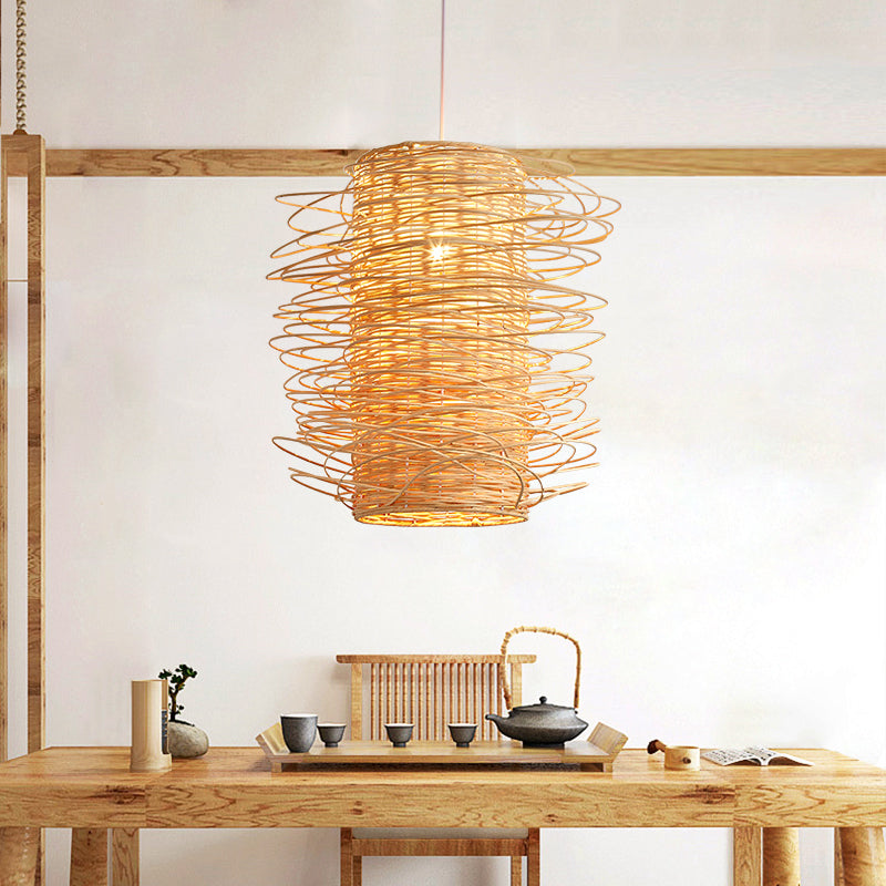 Japanese Cylindrical Pendant Lighting Rattan 1 Head Ceiling Suspension Lamp in Beige