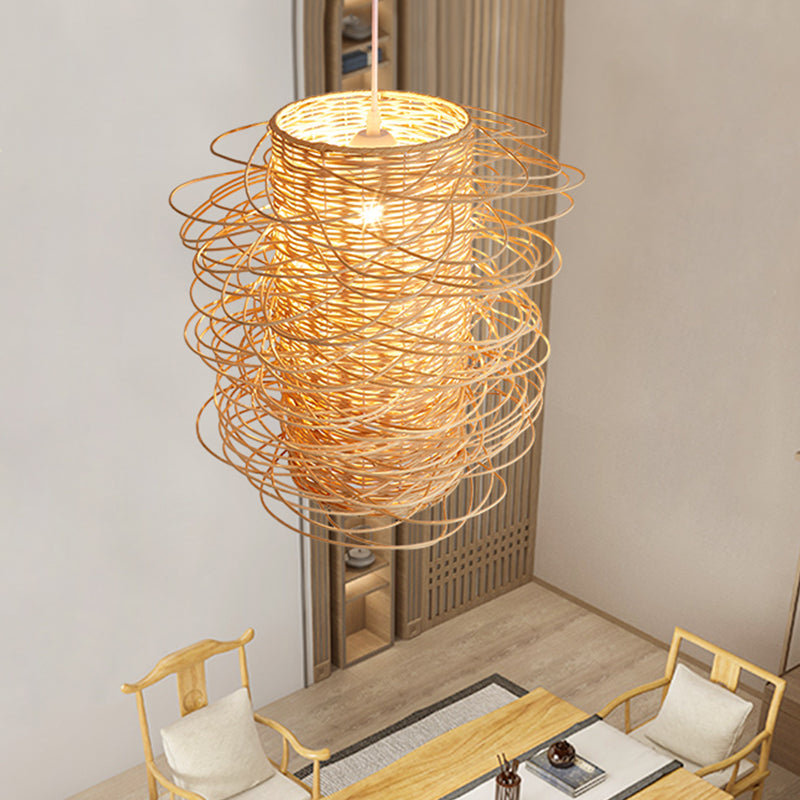 Japanese Cylindrical Pendant Lighting Rattan 1 Head Ceiling Suspension Lamp in Beige