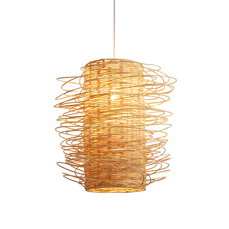 Japanese Cylindrical Pendant Lighting Rattan 1 Head Ceiling Suspension Lamp in Beige