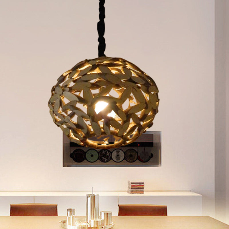 Sphere Wood Pendant Lamp Japanese 1 Head Brown Hanging Light Fixture for Bedroom