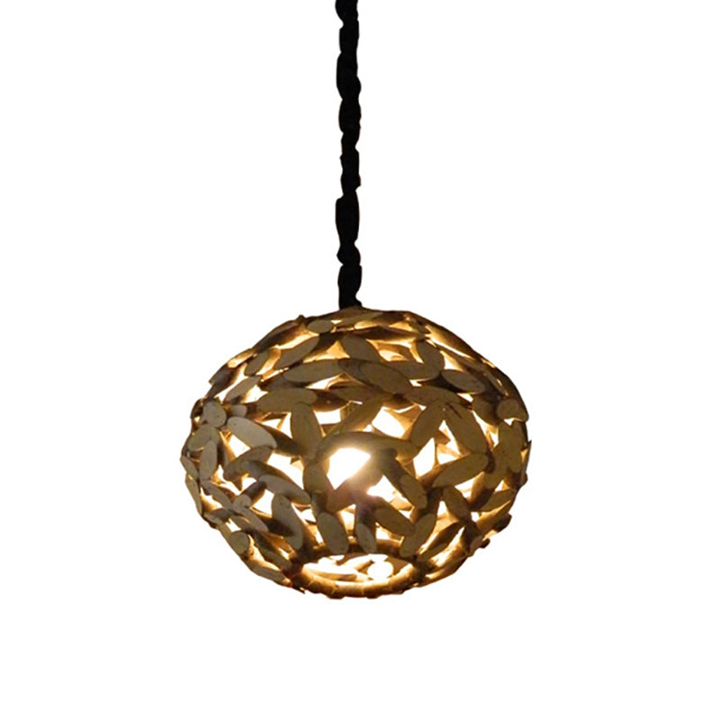 Sphere Wood Pendant Lamp Japanese 1 Head Brown Hanging Light Fixture for Bedroom