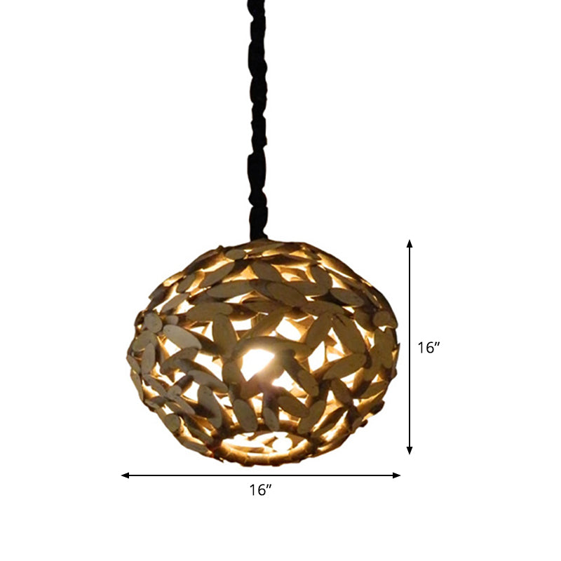 Sphere Wood Pendant Lamp Japanese 1 Head Brown Hanging Light Fixture for Bedroom