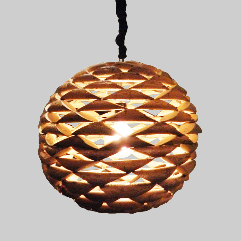 Spherical Hanging Light Asian Wood 1 Bulb Brown Pendant Lighting Fixture, 12"/14" Wide