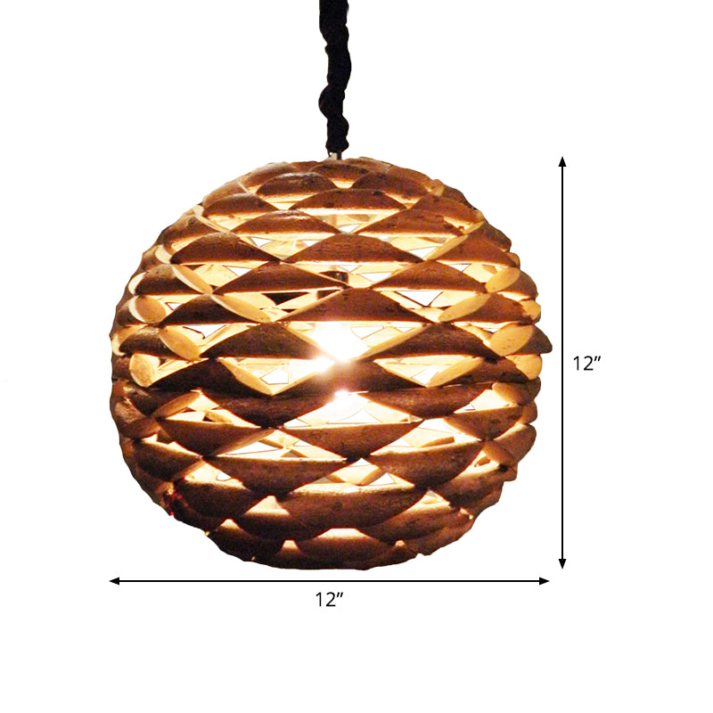 Luz de colgante esférica de madera asiática 1 accesorio de iluminación colgante de bulbo marrón, 12 "/14" de ancho