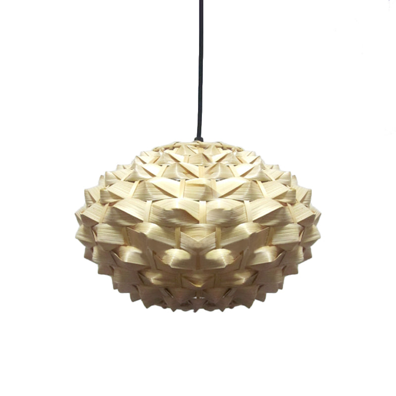 Lantern Hanging Lamp Asian Bamboo 1 Bulb Beige Pendant Lighting Fixture, 12"/16" Wide