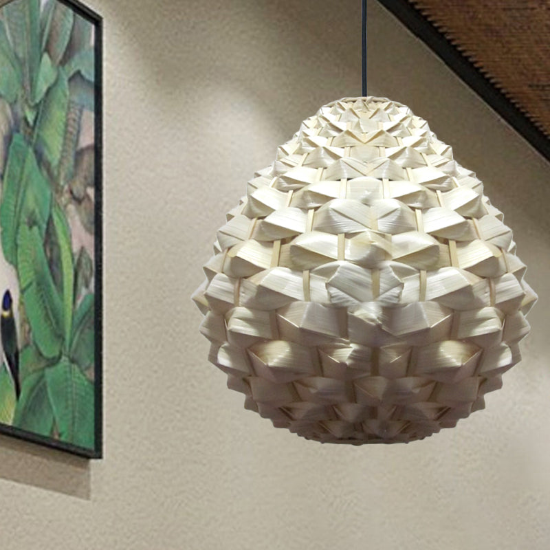 1 Head Living Room Pendant Lamp Asia Beige Hanging Ceiling Light with Droplet Bamboo Shade