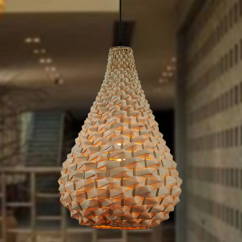 Gourd Pendant Lighting Japanese Bamboo 1 Head Beige Hanging Ceiling Light, 8.5"/14" Wide