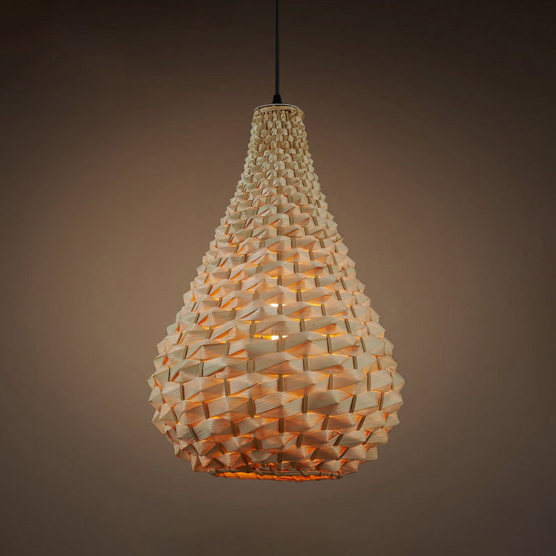 Gourd Pendant Lighting Japanese Bamboo 1 Head Beige Hanging Ceiling Light, 8.5"/14" Wide